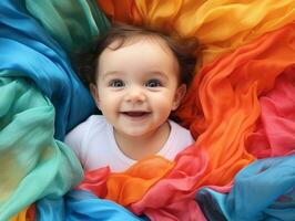 adorable bébé avec vibrant Vêtements dans une espiègle pose ai génératif photo