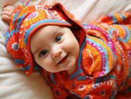 adorable bébé avec vibrant Vêtements dans une espiègle pose ai génératif photo