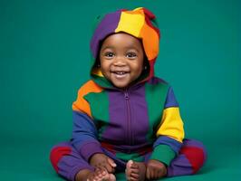 adorable bébé avec vibrant Vêtements dans une espiègle pose ai génératif photo