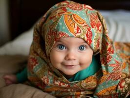 adorable bébé avec vibrant Vêtements dans une espiègle pose ai génératif photo