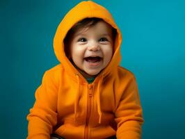 adorable bébé avec vibrant Vêtements dans une espiègle pose ai génératif photo