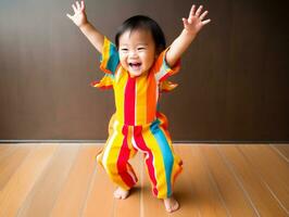 adorable bébé avec vibrant Vêtements dans une espiègle pose ai génératif photo