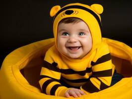 adorable bébé avec vibrant Vêtements dans une espiègle pose ai génératif photo