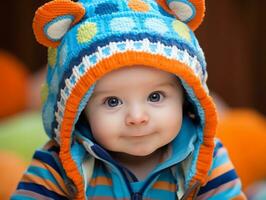 adorable bébé avec vibrant Vêtements dans une espiègle pose ai génératif photo