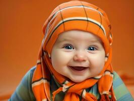 adorable bébé avec vibrant Vêtements dans une espiègle pose ai génératif photo