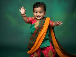 adorable bébé avec vibrant Vêtements dans une espiègle pose ai génératif photo