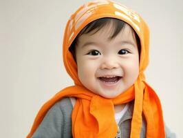 adorable bébé avec vibrant Vêtements dans une espiègle pose ai génératif photo