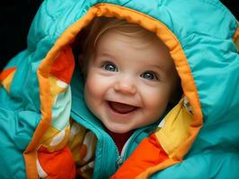 adorable bébé avec vibrant Vêtements dans une espiègle pose ai génératif photo