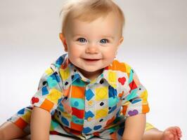 adorable bébé avec vibrant Vêtements dans une espiègle pose ai génératif photo