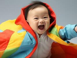 adorable bébé avec vibrant Vêtements dans une espiègle pose ai génératif photo