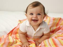 adorable bébé avec vibrant Vêtements dans une espiègle pose ai génératif photo