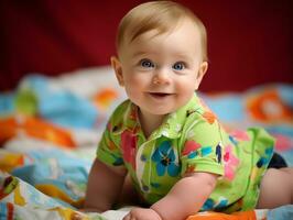 adorable bébé avec vibrant Vêtements dans une espiègle pose ai génératif photo