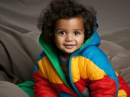 adorable bébé avec vibrant Vêtements dans une espiègle pose ai génératif photo