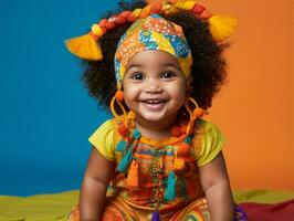 adorable bébé avec vibrant Vêtements dans une espiègle pose ai génératif photo