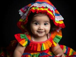 adorable bébé avec vibrant Vêtements dans une espiègle pose ai génératif photo