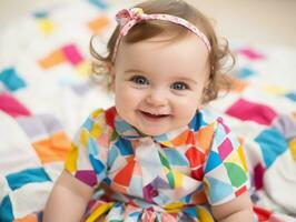 adorable bébé avec vibrant Vêtements dans une espiègle pose ai génératif photo