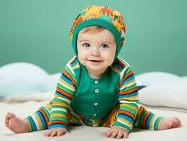 adorable bébé avec vibrant Vêtements dans une espiègle pose ai génératif photo