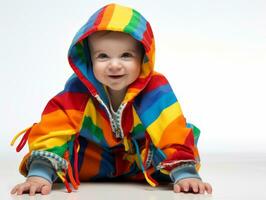 adorable bébé avec vibrant Vêtements dans une espiègle pose ai génératif photo