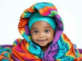 adorable bébé avec vibrant Vêtements dans une espiègle pose ai génératif photo