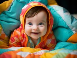 adorable bébé avec vibrant Vêtements dans une espiègle pose ai génératif photo