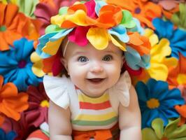 adorable bébé avec vibrant Vêtements dans une espiègle pose ai génératif photo