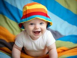 adorable bébé avec vibrant Vêtements dans une espiègle pose ai génératif photo