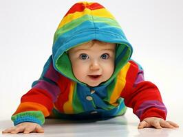 adorable bébé avec vibrant Vêtements dans une espiègle pose ai génératif photo