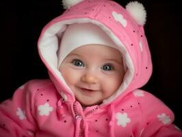 adorable bébé avec vibrant Vêtements dans une espiègle pose ai génératif photo