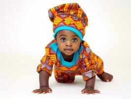 adorable bébé avec vibrant Vêtements dans une espiègle pose ai génératif photo