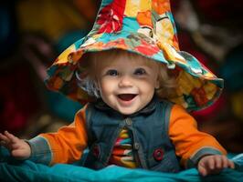 adorable bébé avec vibrant Vêtements dans une espiègle pose ai génératif photo