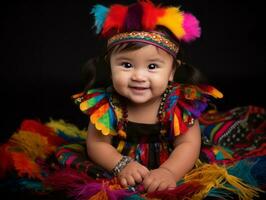 adorable bébé avec vibrant Vêtements dans une espiègle pose ai génératif photo