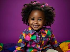 adorable bébé avec vibrant Vêtements dans une espiègle pose ai génératif photo