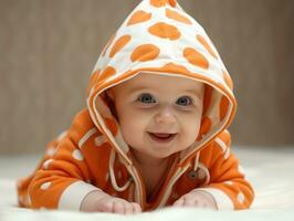 adorable bébé avec vibrant Vêtements dans une espiègle pose ai génératif photo
