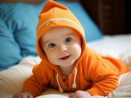 adorable bébé avec vibrant Vêtements dans une espiègle pose ai génératif photo