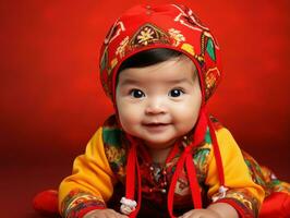 adorable bébé avec vibrant Vêtements dans une espiègle pose ai génératif photo