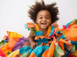 adorable bébé avec vibrant Vêtements dans une espiègle pose ai génératif photo