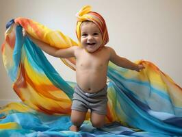 adorable bébé avec vibrant Vêtements dans une espiègle pose ai génératif photo