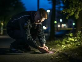 policier est méticuleusement examiner le scène pour preuve pendant le sien enquête ai génératif photo