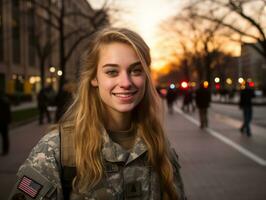 femme sert comme une dévoué et sans peur soldat ai génératif photo