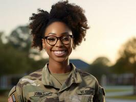 femme sert comme une dévoué et sans peur soldat ai génératif photo