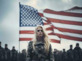 femme sert comme une dévoué et sans peur soldat ai génératif photo