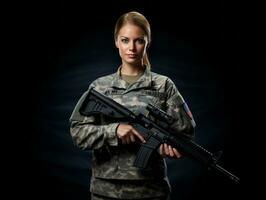 femme sert comme une dévoué et sans peur soldat ai génératif photo