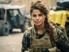 femme sert comme une dévoué et sans peur soldat ai génératif photo