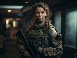 femme sert comme une dévoué et sans peur soldat ai génératif photo