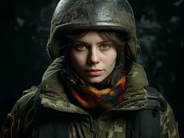 femme sert comme une dévoué et sans peur soldat ai génératif photo