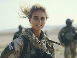 femme sert comme une dévoué et sans peur soldat ai génératif photo