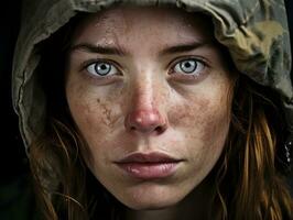 femme sert comme une dévoué et sans peur soldat ai génératif photo