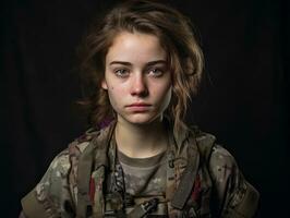 femme sert comme une dévoué et sans peur soldat ai génératif photo