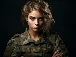 femme sert comme une dévoué et sans peur soldat ai génératif photo