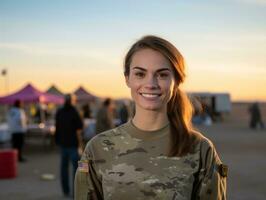 femme sert comme une dévoué et sans peur soldat ai génératif photo